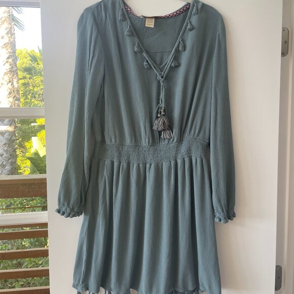 Davina Spring Dress Fringe Tassel Blue Green Knee Length Long Sleeve, Size Large - Picture 1 of 6